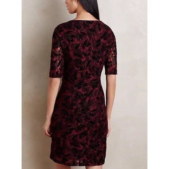 Maeve‎ Anthropologie Elorn Dress Black Flocked Lace Faux Wrap Wine Red, Sz 4 - Picture 2 of 7